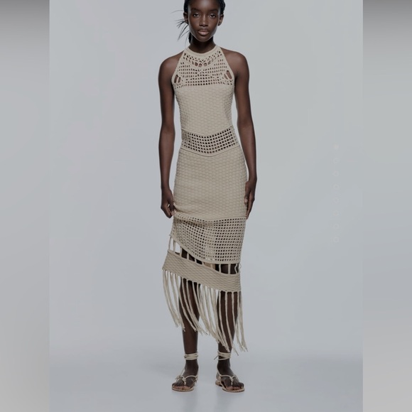Zara Dresses & Skirts - Zara Chic Beige Crochet Dress with Fringe. New